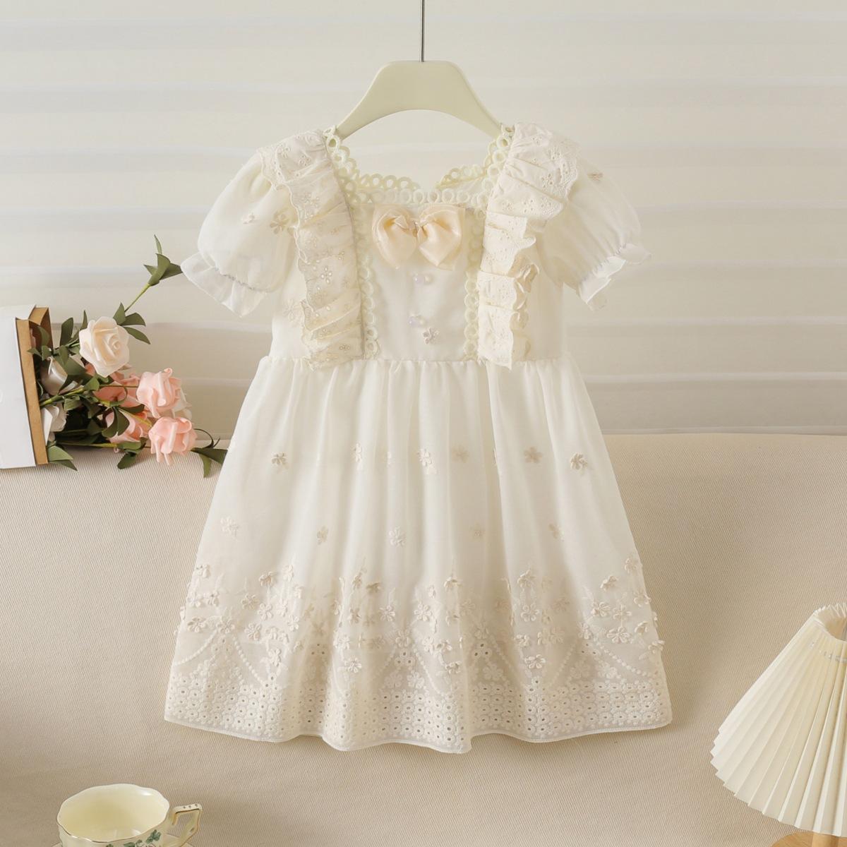 Summer Girls Lace Princess Dress Cute Puff Sleeve Sweet Party Gown For Kids Children Clothing 90cm