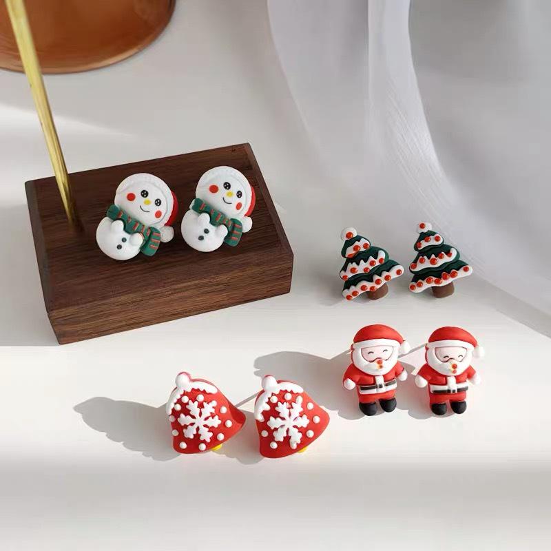 S925 Silver Christmas Stud Earrings - Cute Cartoon Santa, Reindeer, Snowman, Bell Ear Clips