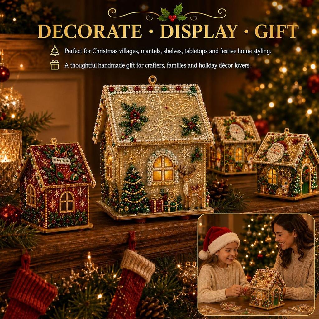 Christmas DIY Pearl Bead Art House Decoration Kit Wooden House Diamond Painting Handcraft Set Santa Snowman Xmas DIY Craft Kit