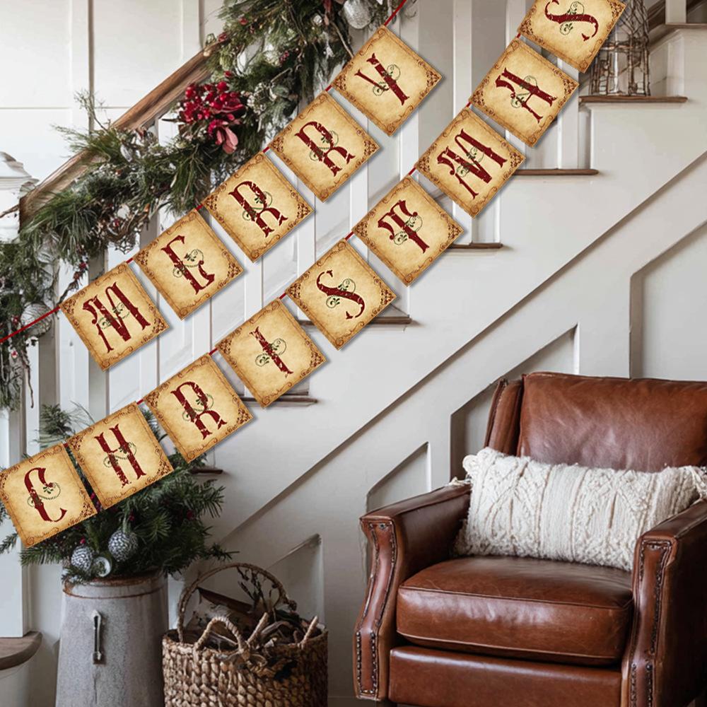 Christmas Decorations - Vintage Merry Christmas Banner - Retro Nostalgic Traditional Old Fashioned Victorian Xmas Holiday Decor