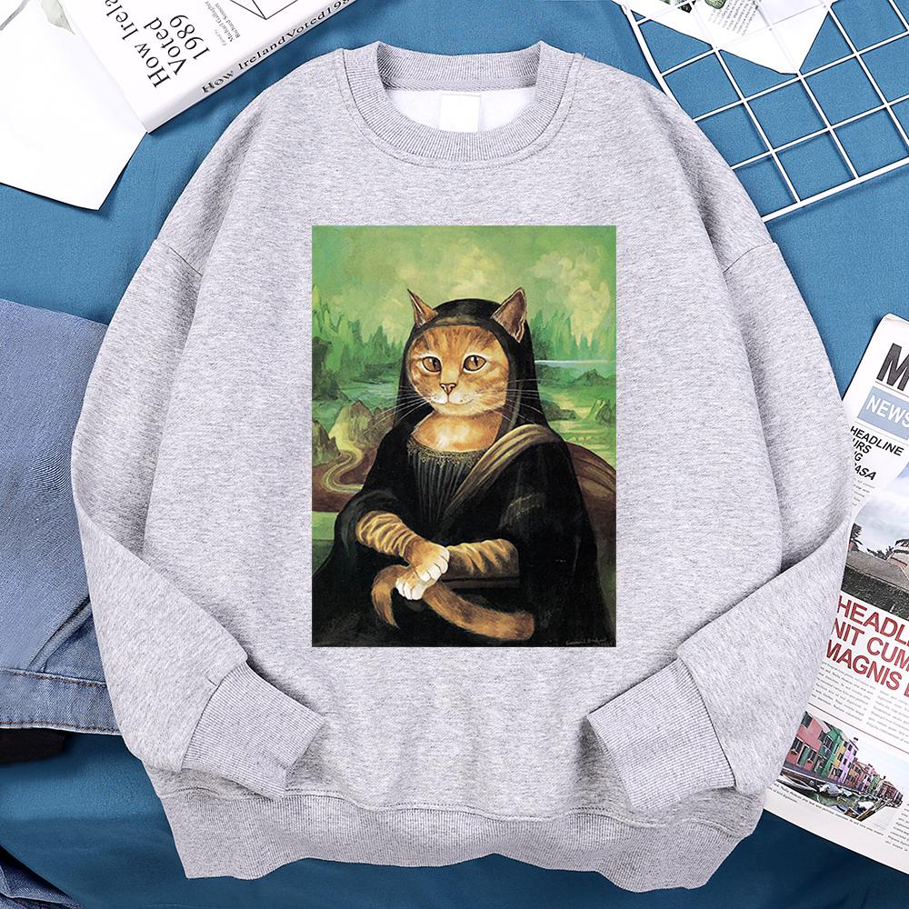 Orange Cat Parodies Mona Lisa Man Hoody For Women Unisex Casual Loose Sweatshirt Creativity O-Neck Clothes Autumn High Quality Hoodie