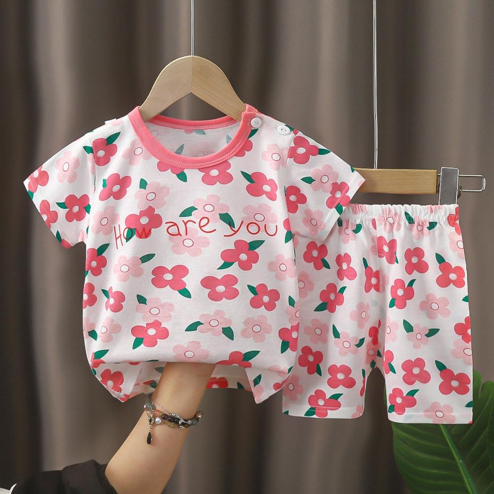 Kids Cotton Short Sleeve 2Pcs Set, Summer Shoulder Snap T-shirt & Shorts for Toddler Boys Girls
