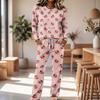Set Pigiama Casual da Donna con Top a Collo Manica Lunga e Pantaloni a Gamba Larga con Coulisse per Dormire e