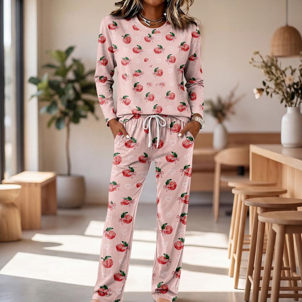 Set Pigiama Casual da Donna con Top a Collo Manica Lunga e Pantaloni a Gamba Larga con Coulisse per Dormire e