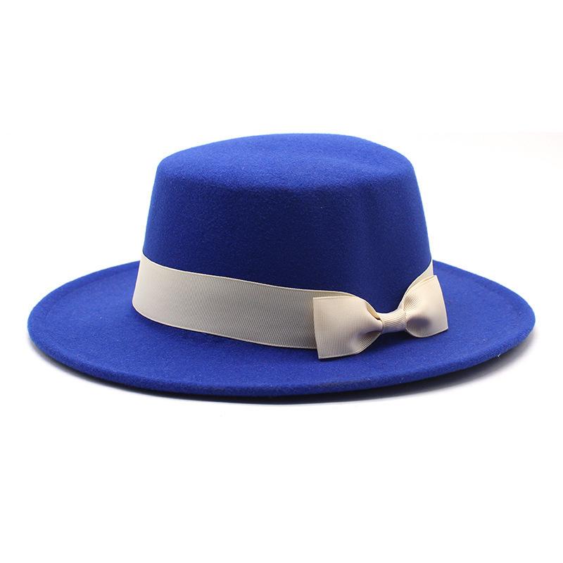 New style autumn and winter men's and women's flat-brimmed hats, fashion bows, flat-topped top hats, men's and women's woolen jazz hats