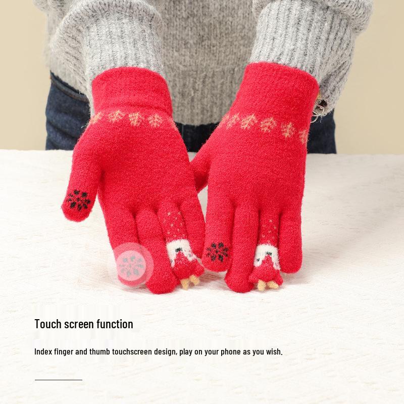 Жіночі Зимові Теплі Червоні Вовняні Рукавички з Лисицею - Сенсорні та Захищені від Холоду