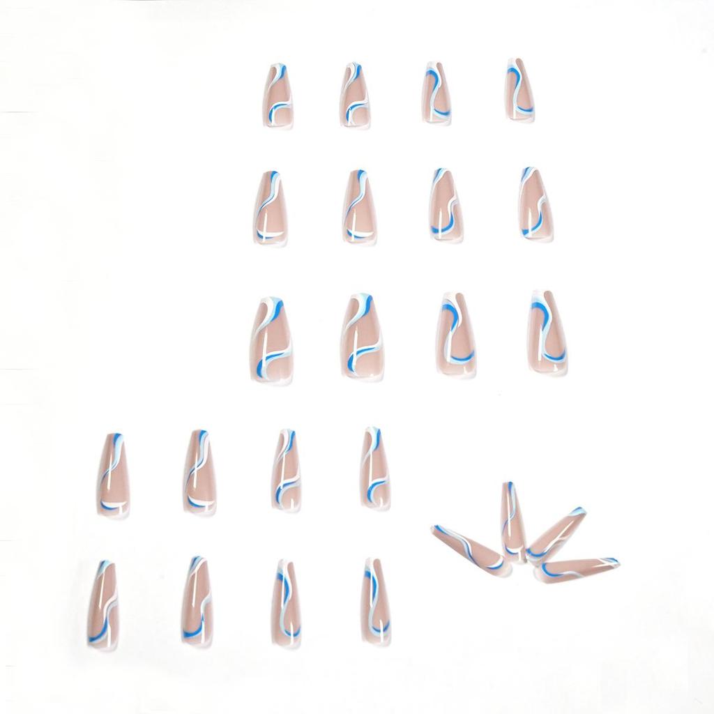 24pcs Blue White Wavy Lines Detachable Long Ballerina False Nails With Design Wearable Fake Nails Full Cover Nail Tips