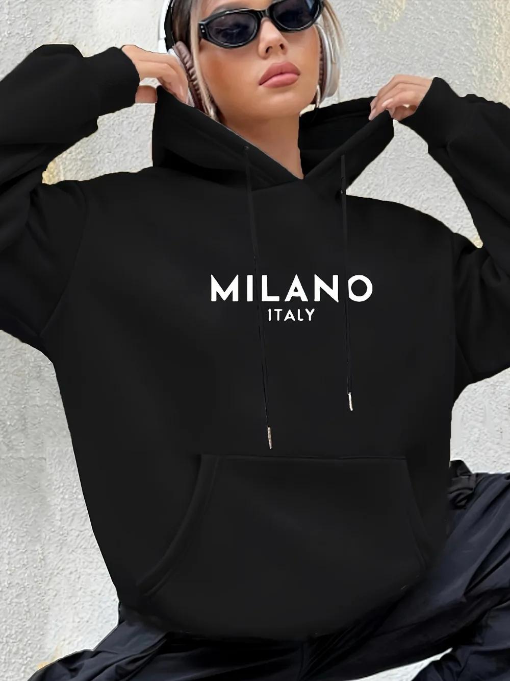 

Milano Italy Polyester Hoodie for Women Alphabet Print Casual Long Sleeve Sweatshirt with Pocket Fashionable Hooded Sweatshirt 3XL