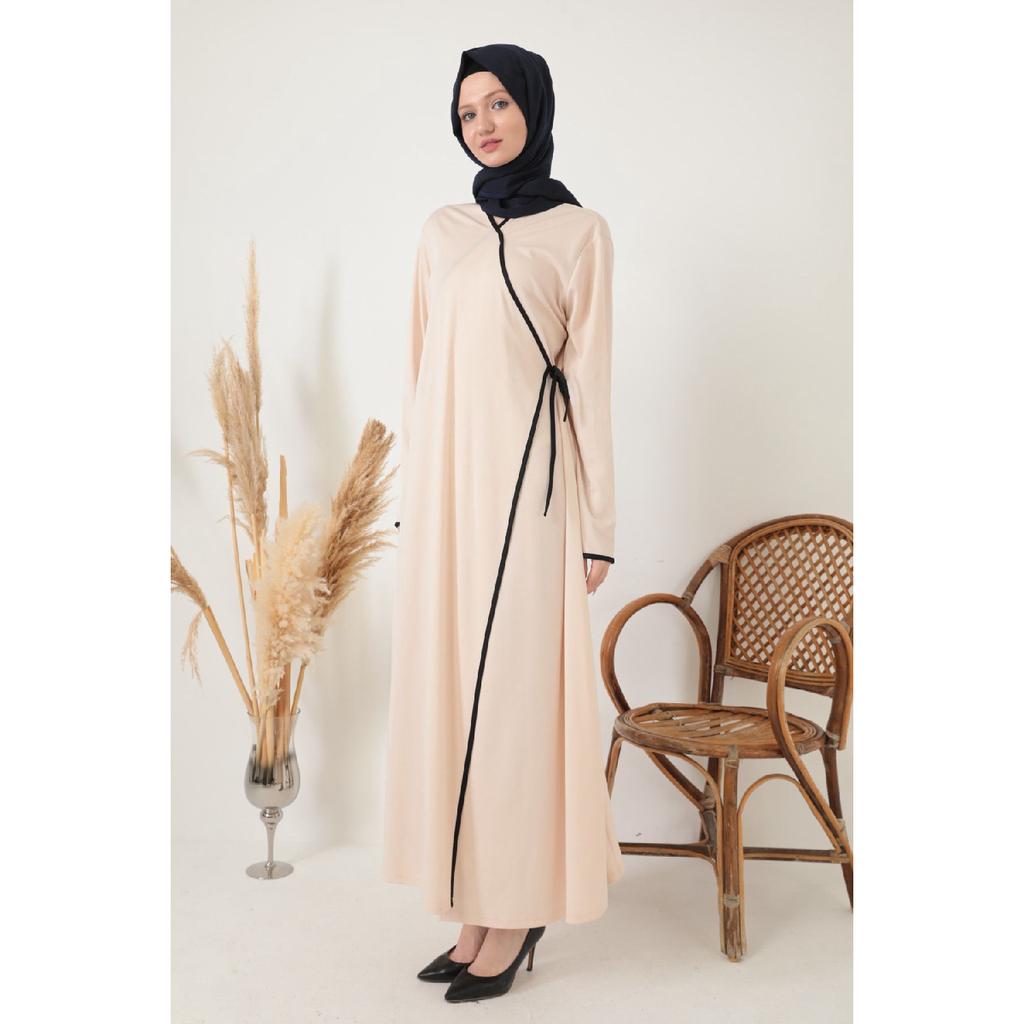 Black Double Breasted Neck Piping Flexible Interlock Fabric Prayer Dress