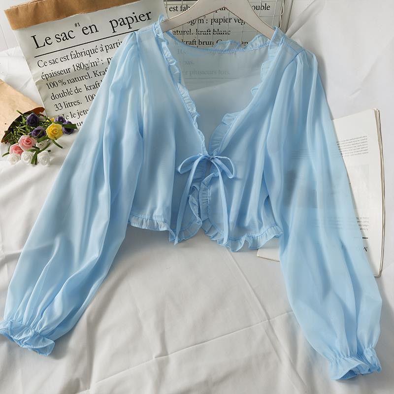 Sciarpa in Pizzo con Fiocco e Volant Estiva 2026 da Donna – Camicia Larga a Maniche Lunghe Protezione Solare