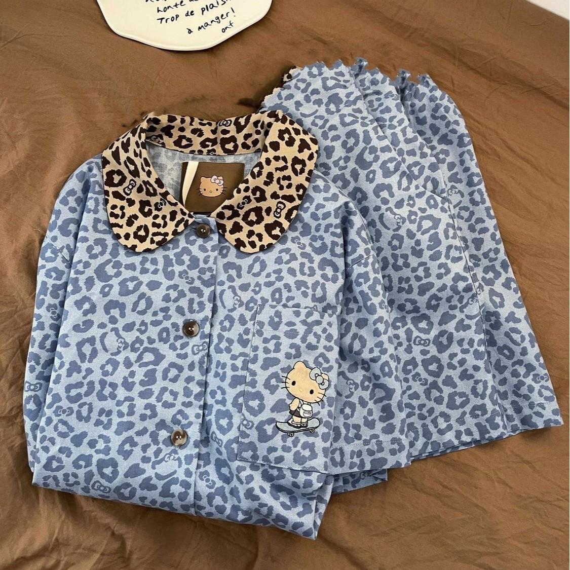 

New blue leopard print pajamas women s summer lace short-sleeved shorts set women s casual loungewear S