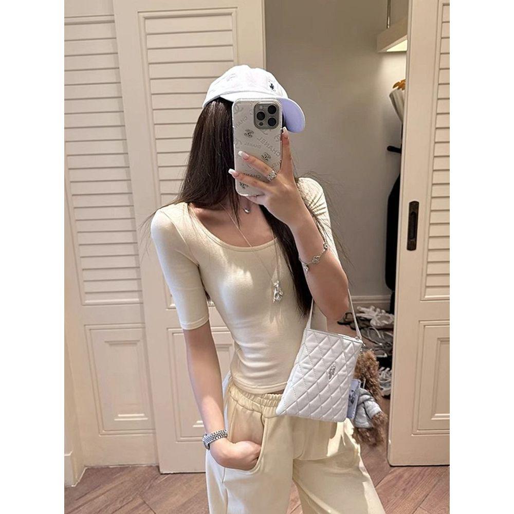 Women's Modal Cotton Slim Fit Short Sleeve T-Shirt - Summer Solid Color Low Neck Versatile Top