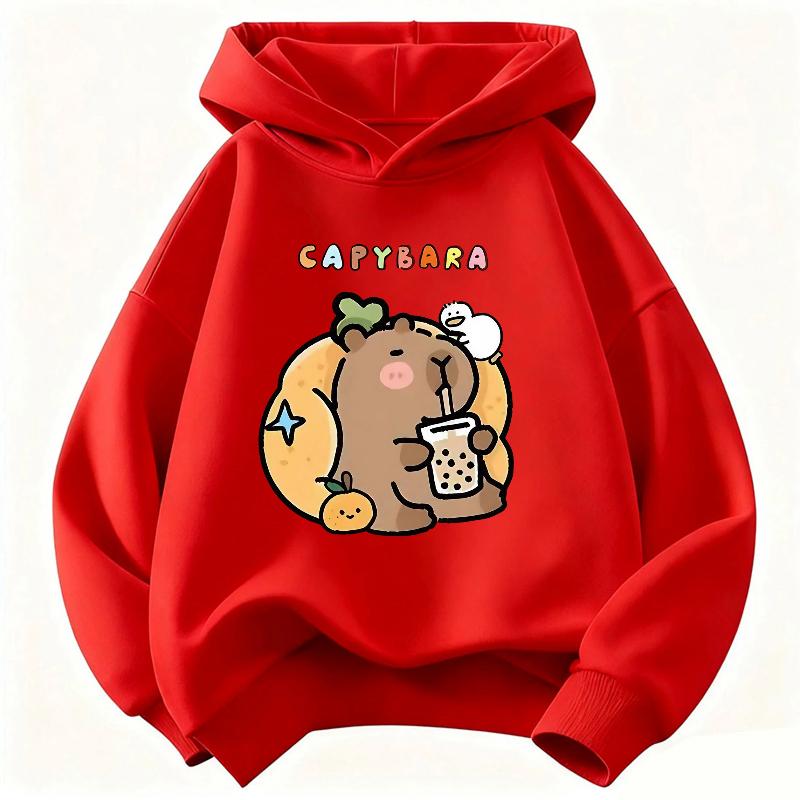 

Capybara Drinking Juice Children s Hoodie Sweatshirt Cute Harajuku Hoody for Boys Girls Spring Casual Hoodies 170cm червоний