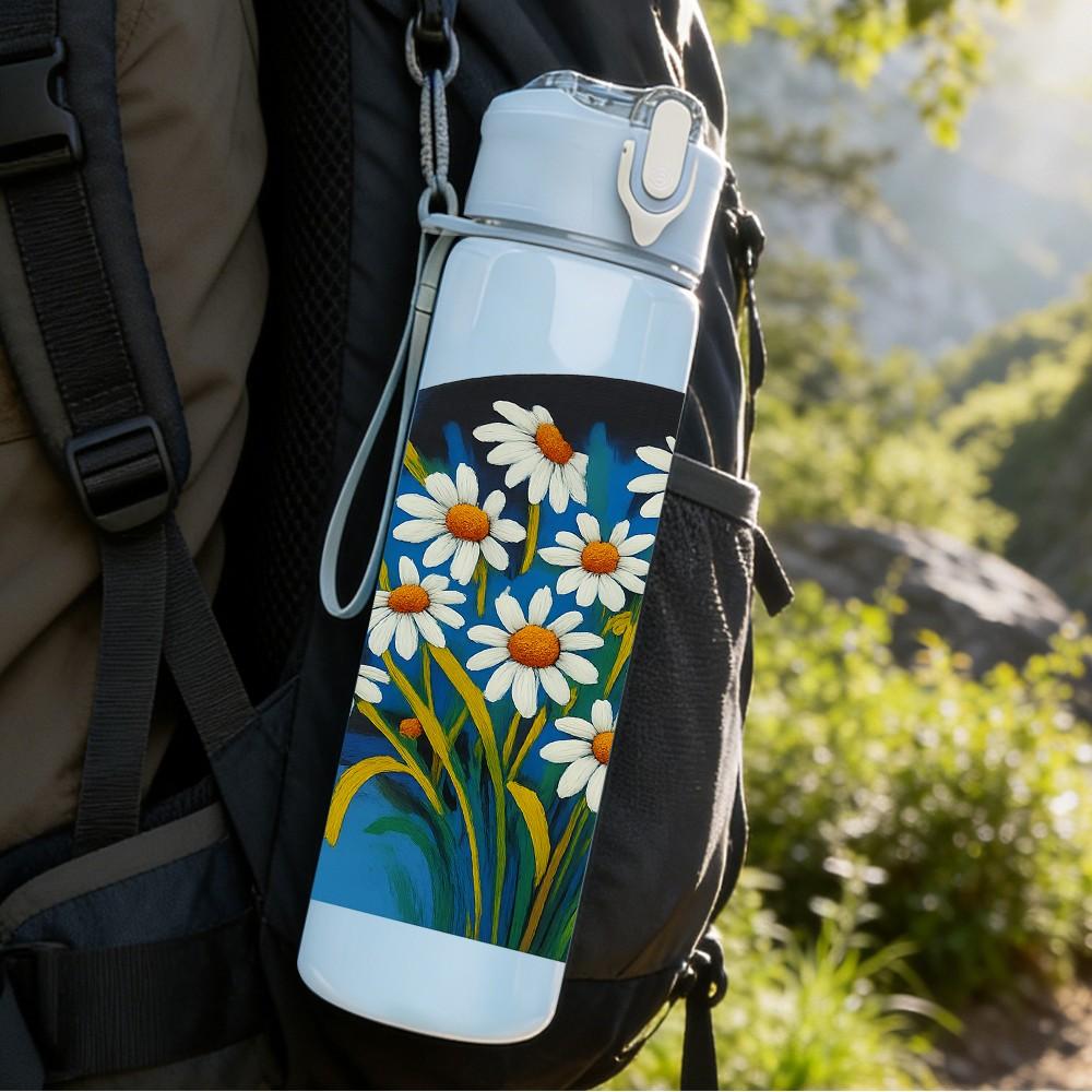 1PC Daisy Flower Window Frame Print 750ml Color Plastic Sports Water Bottle Leakproof Flip Straw Lid Suitable for Sports Office Home Use