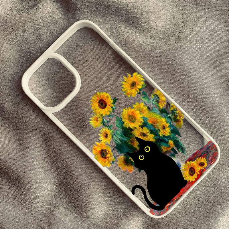 Retro Van Gogh Black Cat Phone Case for iPhone 16 14 15 13 11 12 Pro MAX XS XR 7 8Plus Oil Paint Transparent Hard Cover Cases