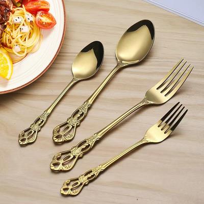 Royal Court Stainless Steel Retro Embossed Cutlery Set: Knife, Fork, Spoon, Steak Knife, Dessert Spoon.