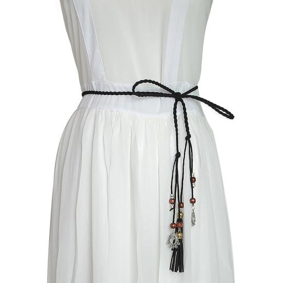 Women Braided Beads Tassels Thin Skinny Waist Rope Belt Self-Tie Dress Waistband