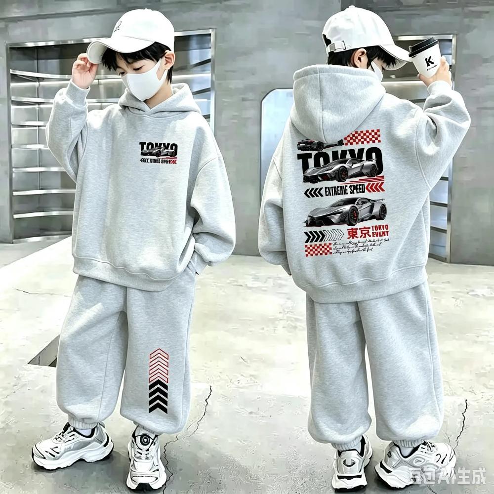 Athletic Set for Boys and Girls (autumn/winter)—a Two-piece Outfit Featuring A Long-sleeved Hoodie and Fleece-lined Pants.