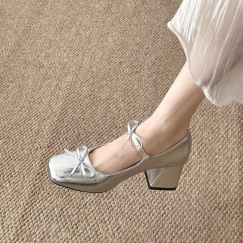 Fashion Women's High Heels Fad Temperament High Quality Retro Bow Elegant Thick Heel Single Shoes Womens Mary Jane Leather Shoes Tacones