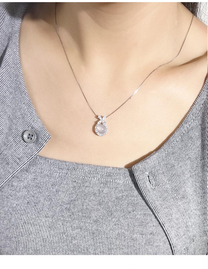 Exquisite S925 Sterling Silver Bowknot & Diamond Necklace with White Chalcedony