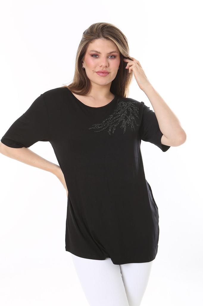 Women's Big Size Blouse Plus Size Black Stone Detailed Blouse