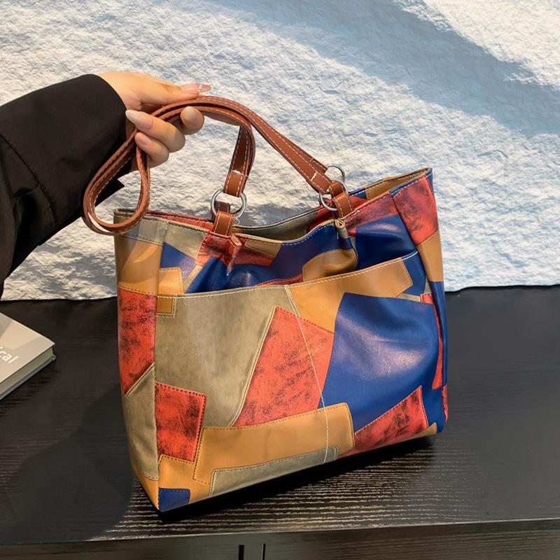 Patchwork PU Leather Casual Tote Bags For Women Large Capacity Commuting Shoulder Bag Ladies Handbags For Travel Shopping