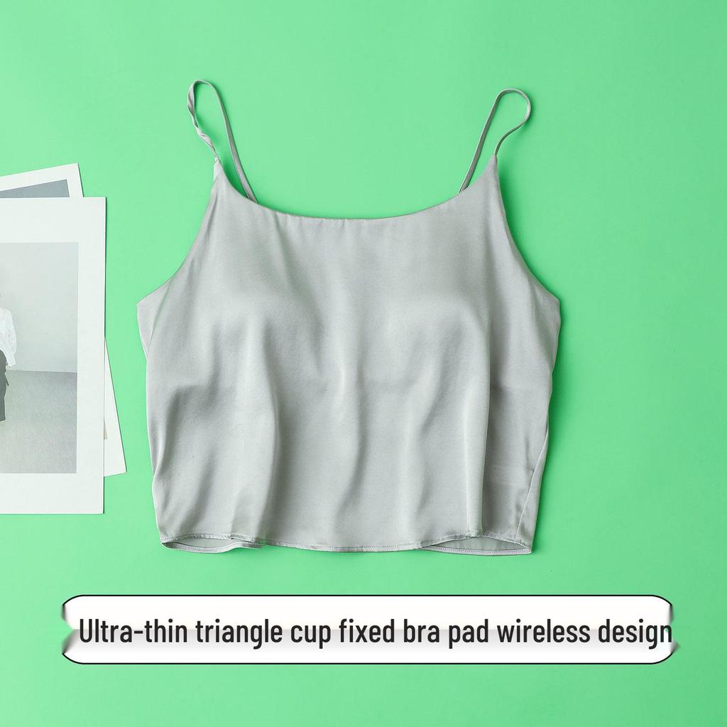 16mm Mulberry Silk Satin No-Bra Bandeau Camisole with Fixed Cups