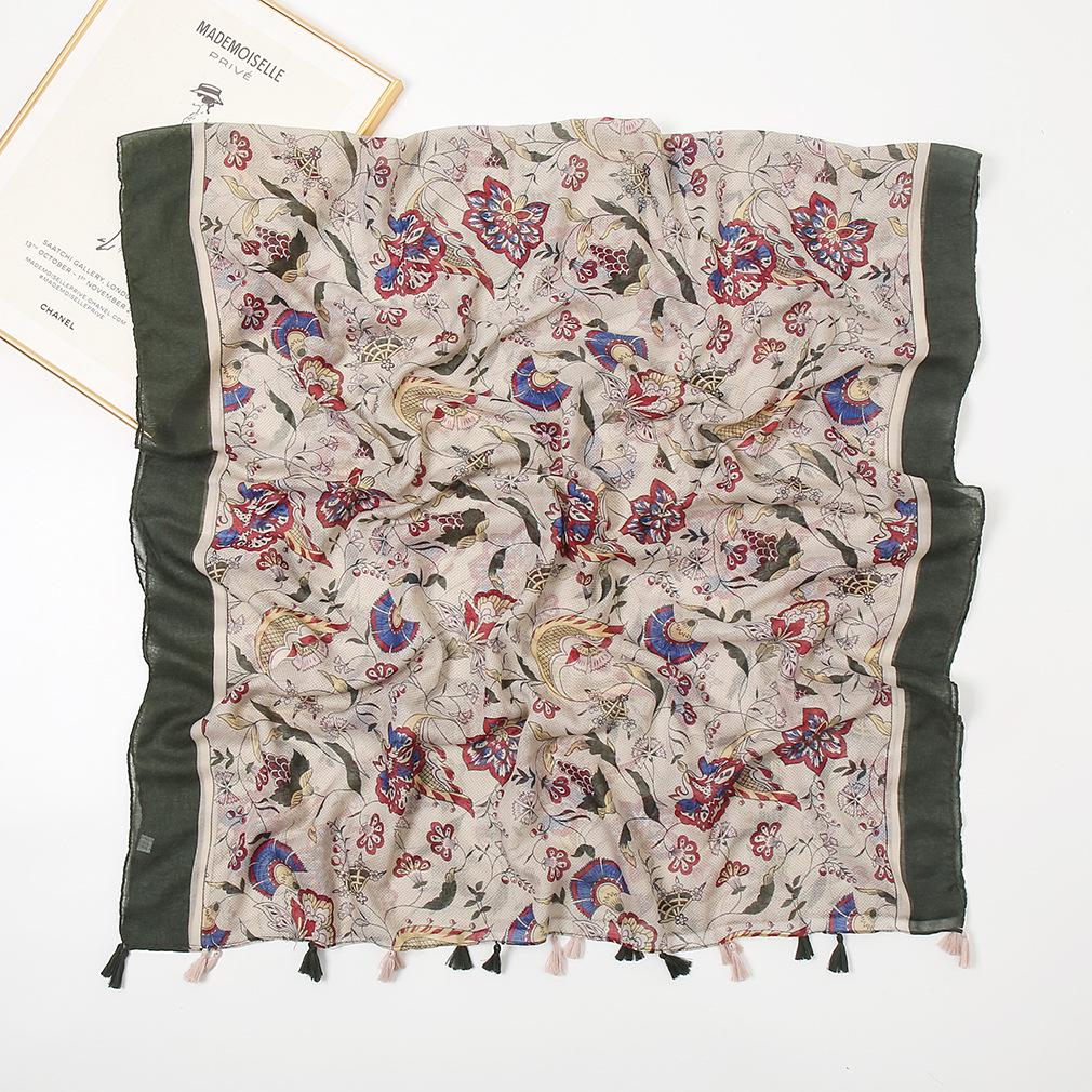 Retro Mori Girl Japanischer Literarischer Baumwolle Leinen Quasten Schal - Vielseitiger Sonnenschutzschal mit Druck Patchwork