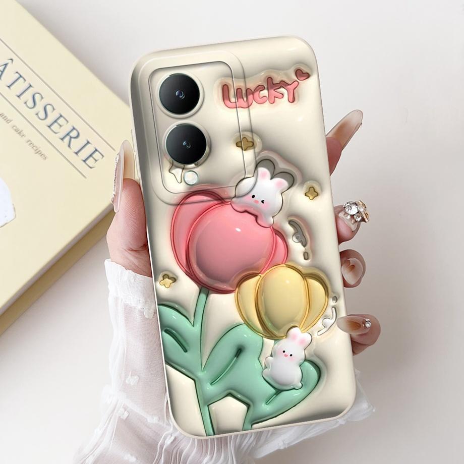 For Vivo Y28 5G Y29 5G V2420 Phone Case Vivo Y17s Y19s V2419 Back Cover Soft Liquid Silicone Pnada Rabbit Flower Cute Fundas