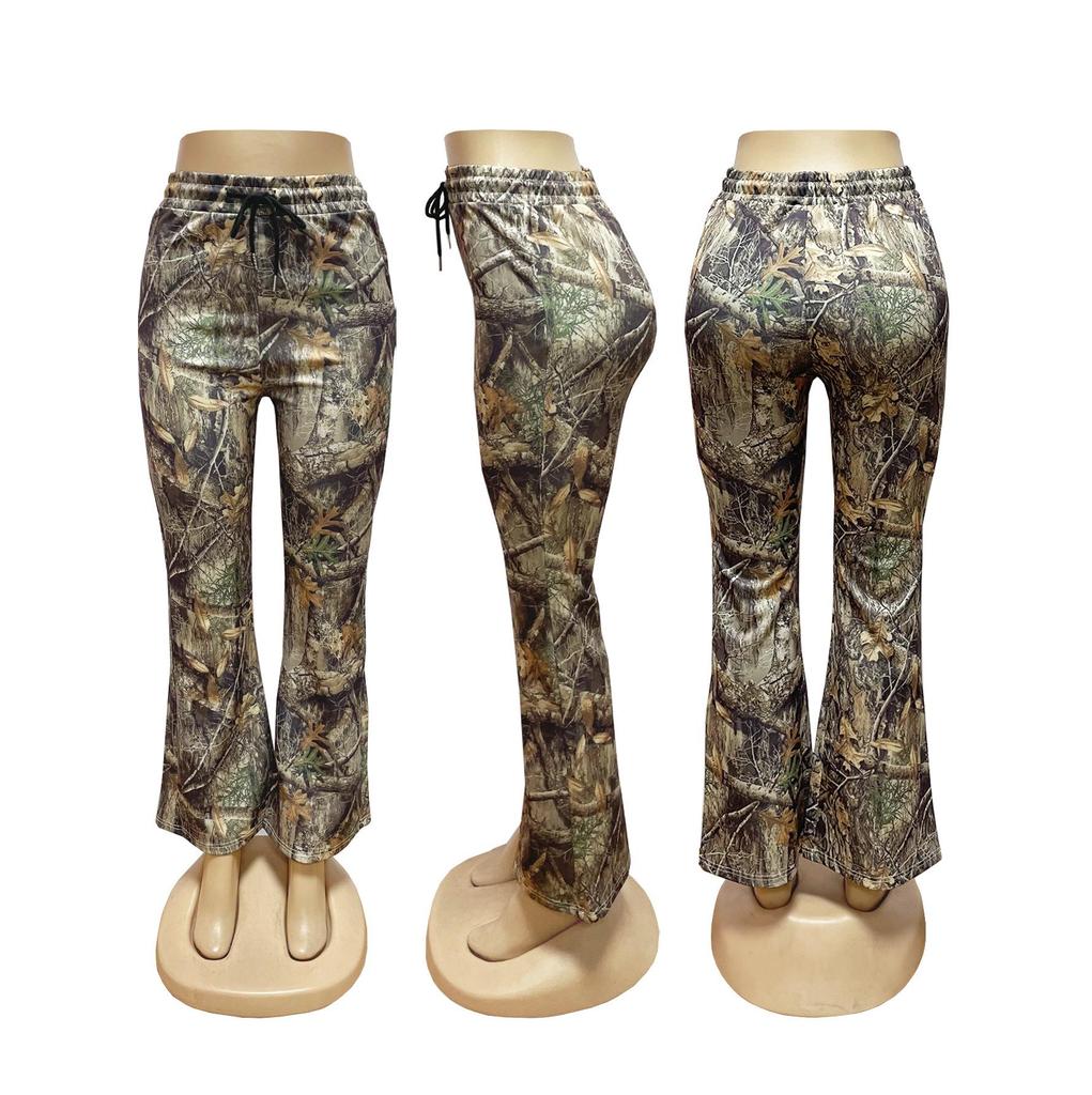 European-American Retro Print Elastic Waist Flare Sweatpants for Autumn Women