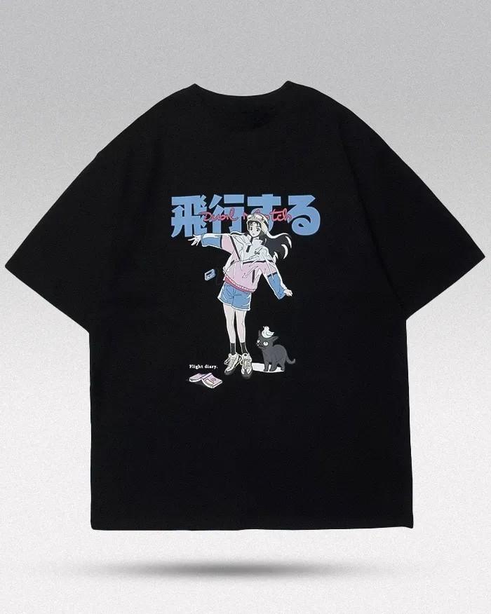 Y2K Loose Black Tee Retro Manga Girl Cat Cartoon Japanese Text Casual Street