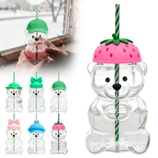 Teddy Bear Glass Sippy Cup with Straw BPA-Free 580ml Large Capacity Glass Tumbler for Cold Drinks Homemade Beverage Container