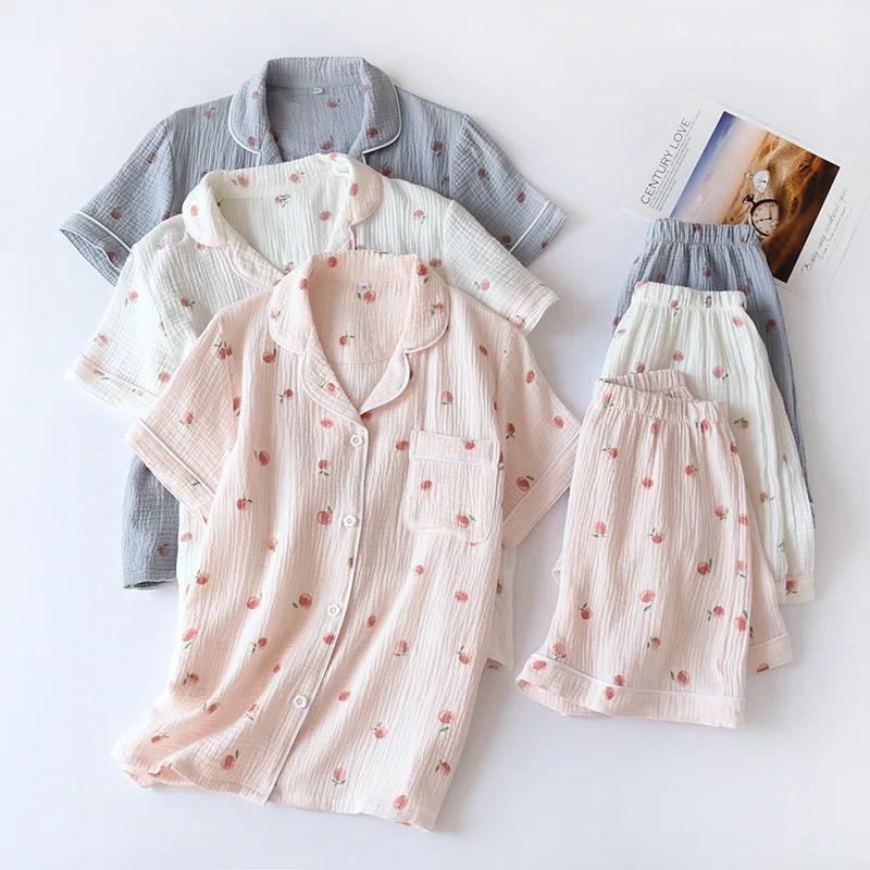 Summer Ladies Short-sleeved Shorts Pajamas Set 100% Cotton Crepe Cloth Thin Home Service Two-piece Spring and Autumn Loose