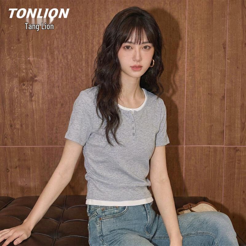 TonLion Women s Faux Two-Piece Short Sleeve T-Shirt S