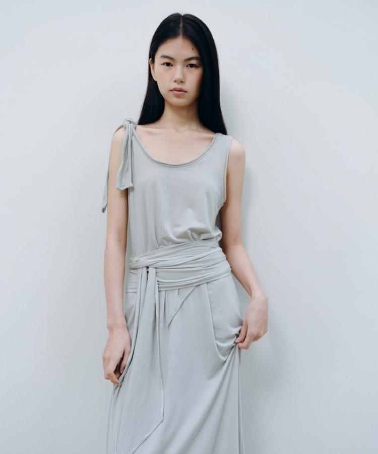Kasel 2Way Tie Sleeveless Dress, Beige Gray