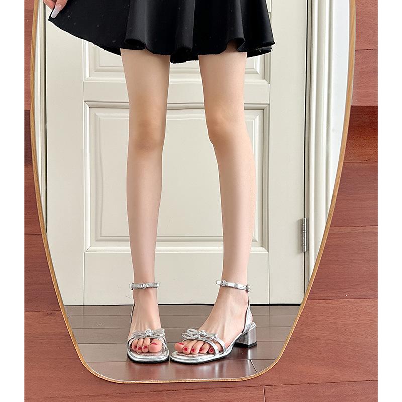 Summer new fairy style thick heel with buckle silver rhinestone sandals women's bow high heels