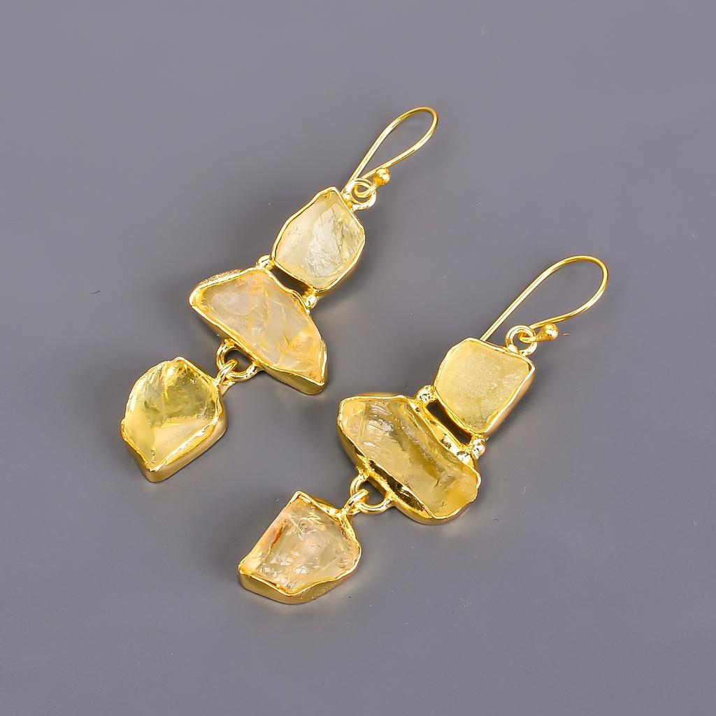 Citrine Gemstone Gold Plated Elegant Electroformed Dangle Drop Earrings Jewelry V-116