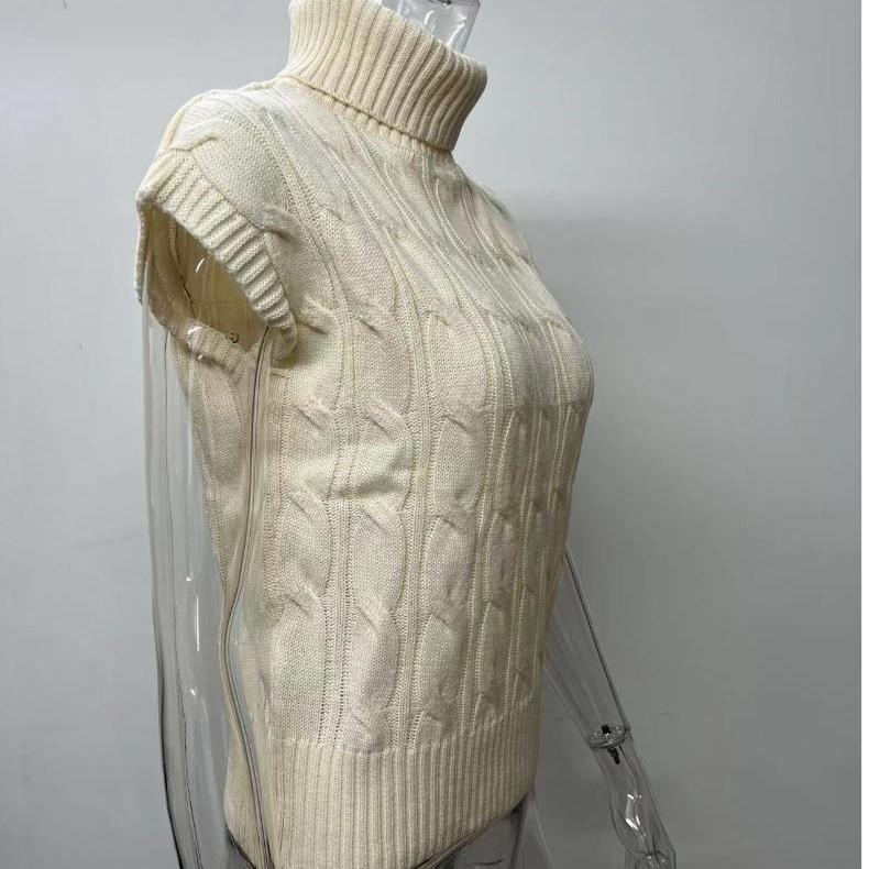IHUASU Women's Autumn Knitted Solid Colour High Neck Loose Stranded Flower Sleeveless Inner Outer Vest Vest