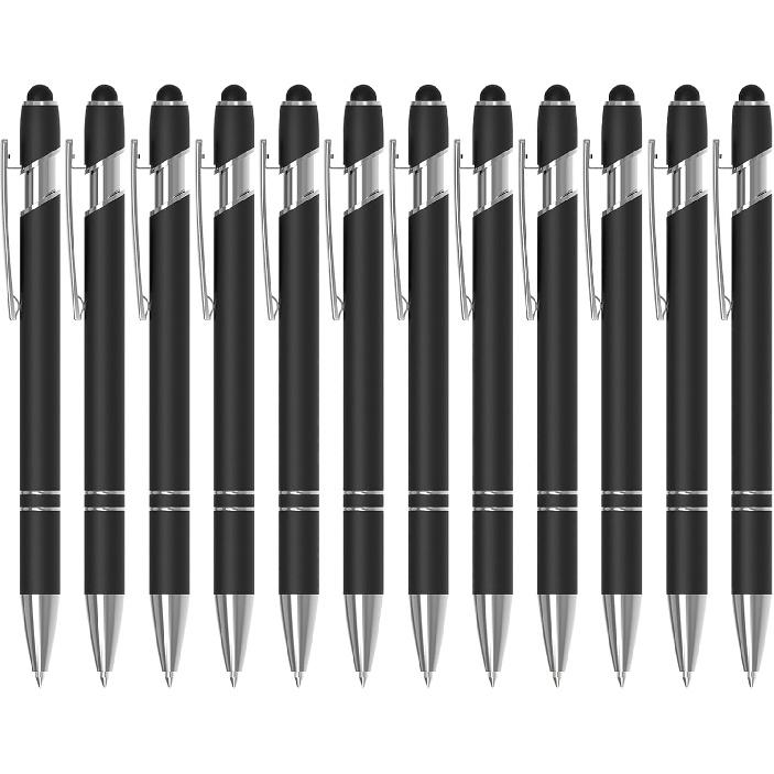 12 Pack Black Stylus Pens, 2-in-1 Ballpoint Pen with Metal Stylus Tip for Touch Screens, 1.0 mm Black Ink Smooth Writing Pens for Office, School,