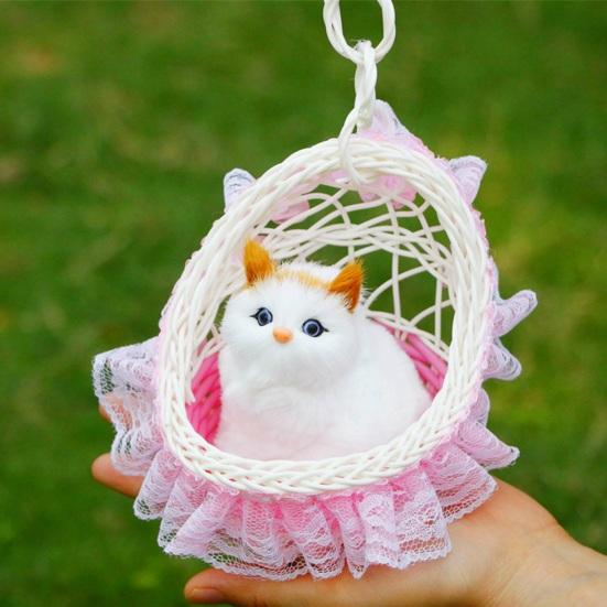 Cat In Flower Basket Model High Fidelity Fuzzy Kitty Shirring Lace Decor Battery-operated Soft Touch Plush Squeaking Feature Toy Figurine Holiday