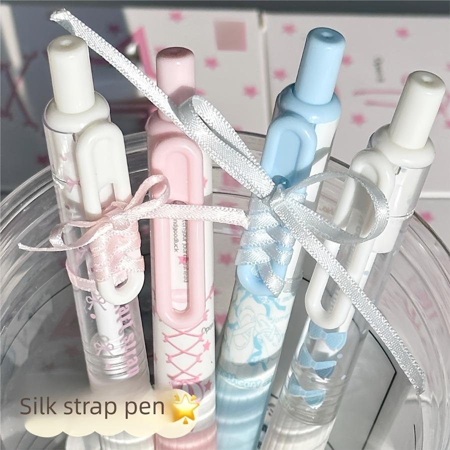 4pcs DIY Cute Gel Pens Set with Ribbon Bow Design, 0.5mm Smooth Writing Pens in Macaron Pink and Blue Colors, Soft Aesthetic Style for Note Taking