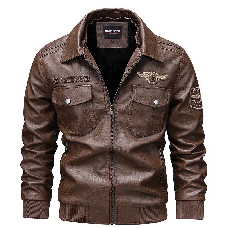 Men's European Winter PU Leather Jacket with Velvet Collar - Large, Warm, Windproof Motorcycle Style