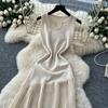 High-end Knitted Splicing Irregular Mesh Dress Women's Summer French Waist and Thin Temperament Sleeveless Long Dress