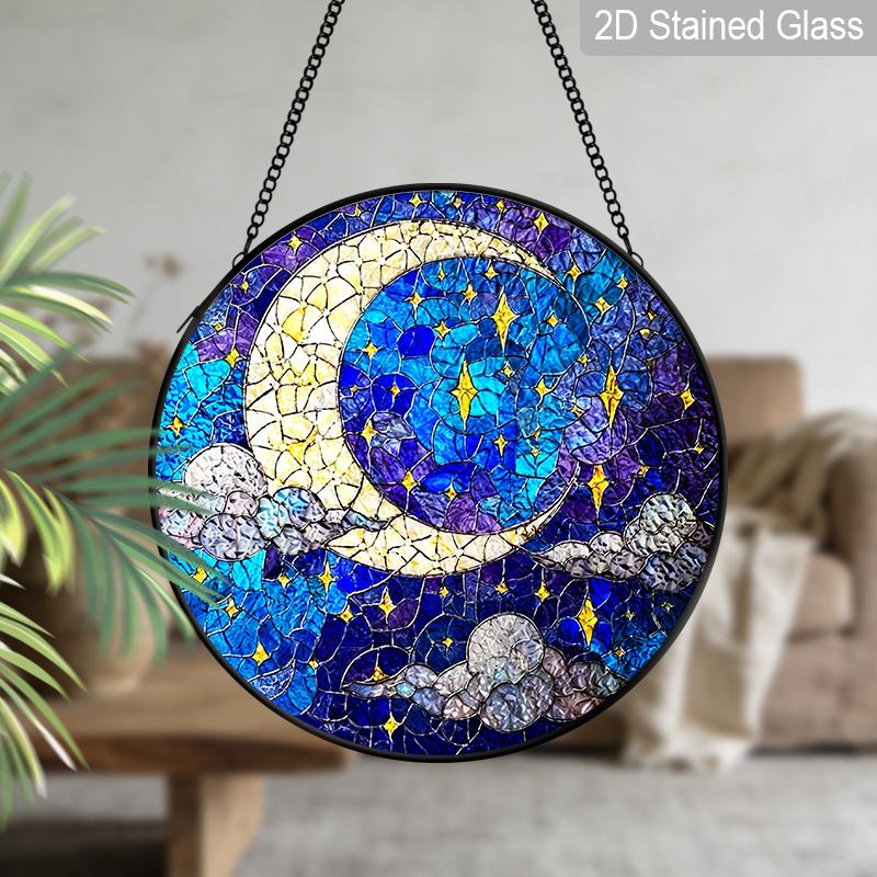 2D Flat Stained Glass Moon and Stars Night Sky Window Decoration Colored Glass Plate, 7.87inches Deep Blue Starry Sky Design Hanging Sun Catcher