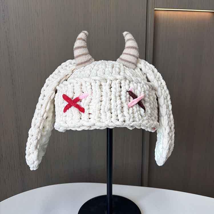 Cute Funny Little Devil Thick Wool Hat Parent-Child Long-Eared Horn Knitted Hat Women S Thermal Ear Hat M（56-58cm）