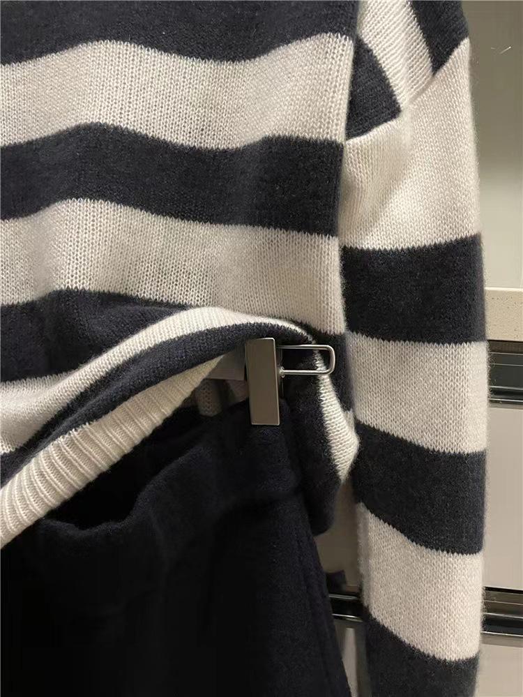 Women's Korean Style Striped Cashmere Round Neck Sweater – Soft, Comfortable, and Loose Fit