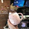 Pink and Tender Starry Sky Ceramic Water Cup with Lid Spoon Handle Anti Scalding Mug Dormitory Office Portable Small Cup