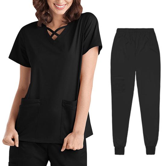 2 stk/sett Unisex sykehusuniformsett V-hals kortermede lommer Topper Elastiske midjebuksesett Hurtigtørkende sykehus tannpleie scrubs uniformer