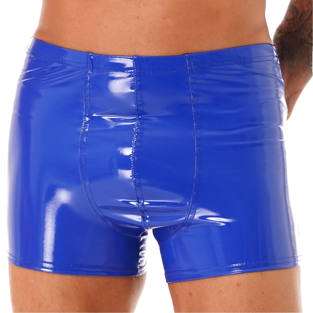 Mens Patent Leather Boxer Briefs Wet Look Shorts Elastic Waistband Bulge Pouch Design Clubwear