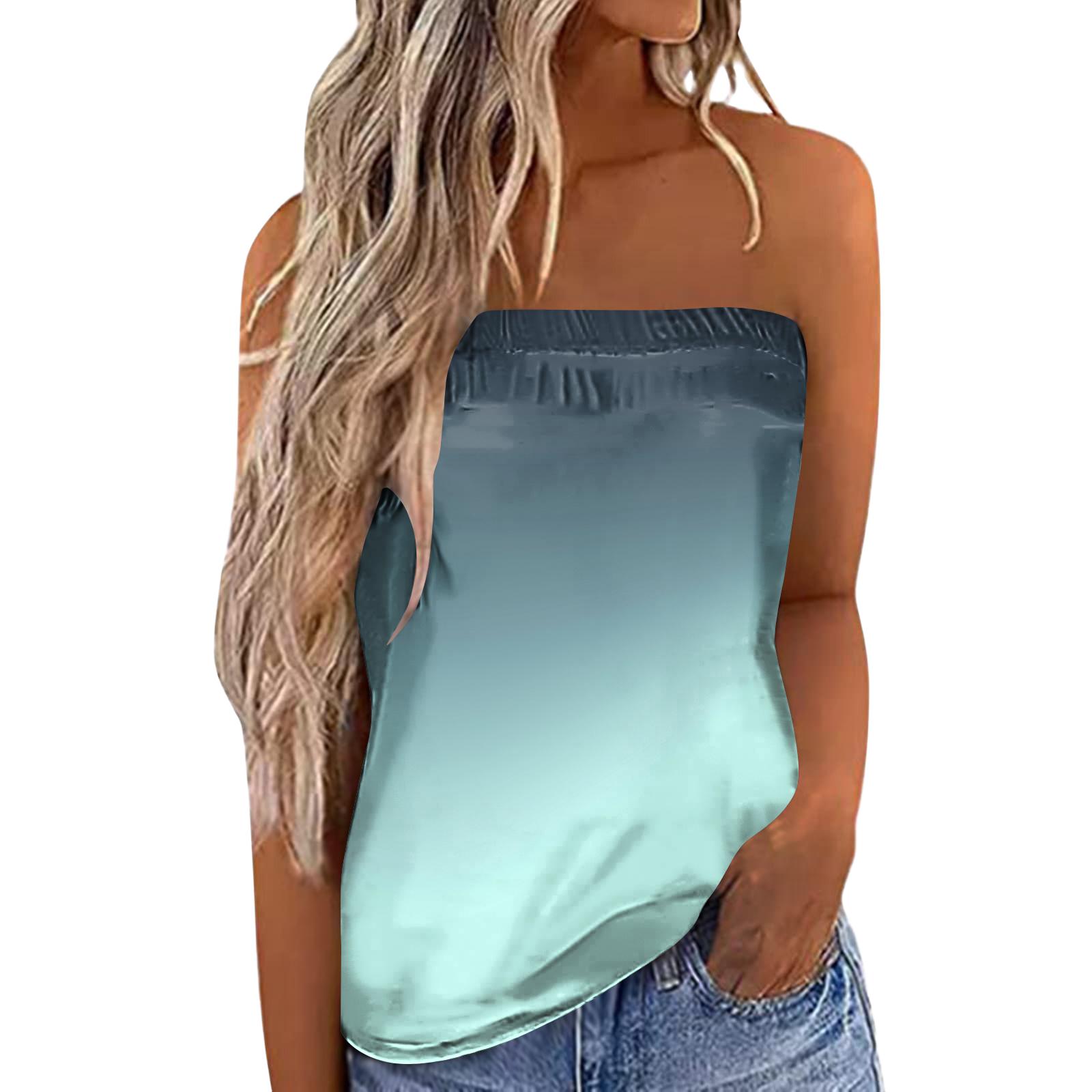 

Women s Summer Sexy Strapless Off-Shoulder Elastic Band Gradient Print Top S ціан